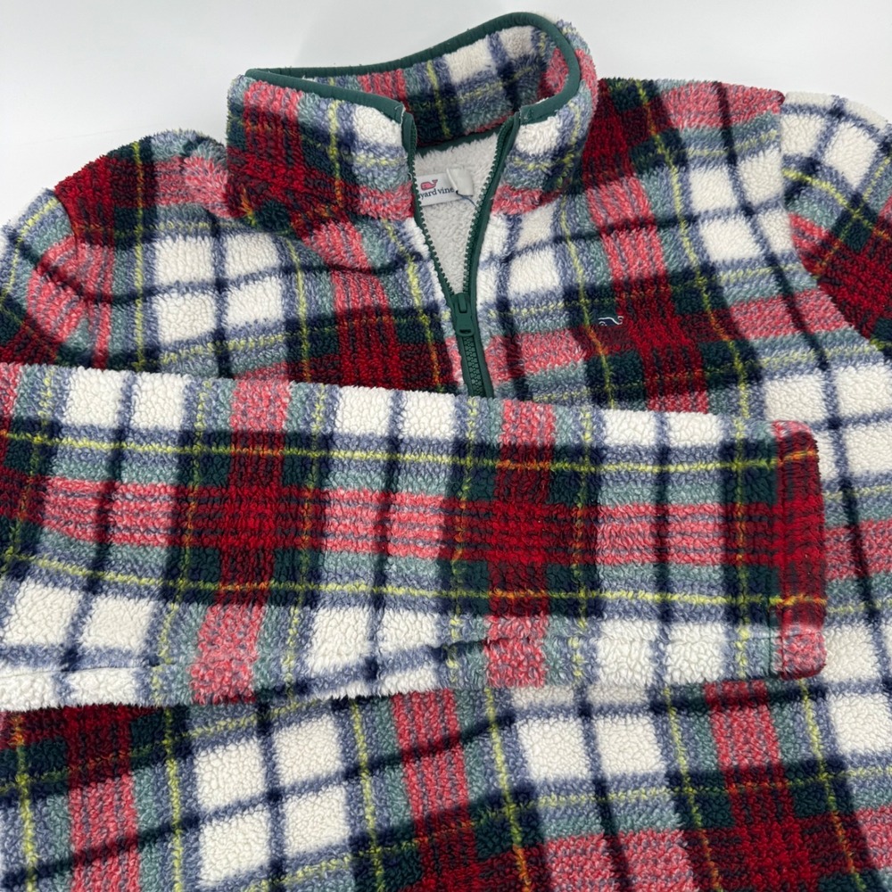 Vineyard Vines Women XL Plaid Sherpa Fleece Quarter Zip Pullover Red Green White